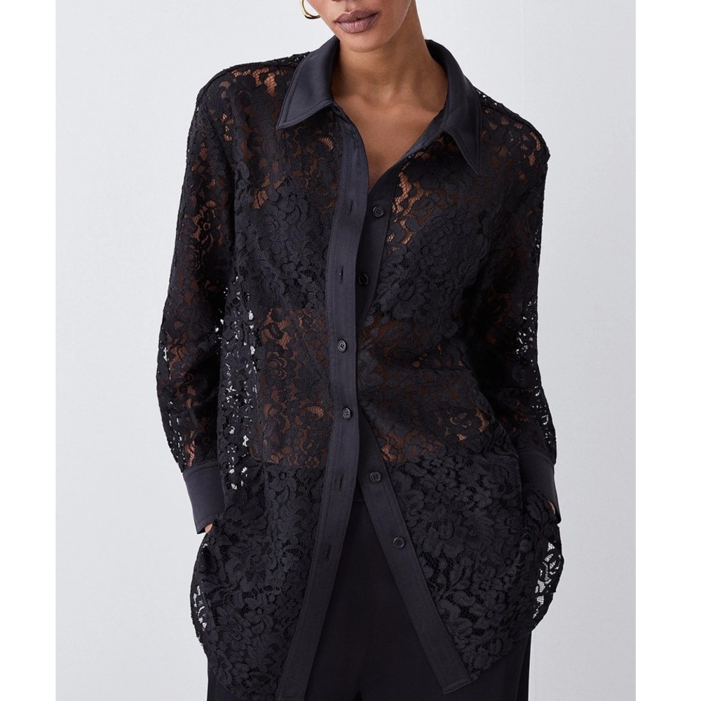 Karen Millen Black Lace & Satin Longline Shirt
